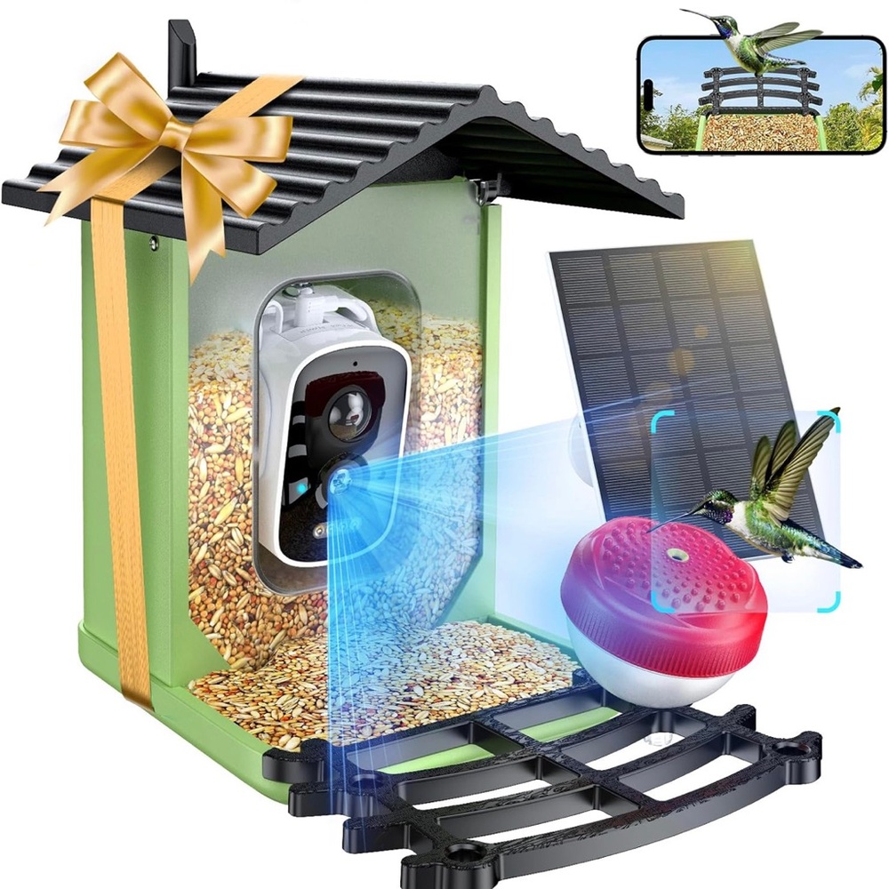 Green Bird Feeder with Camera and Solar Panel